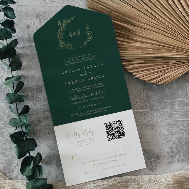 Mindestleaf | Gold und Emerald QR Code Wedding All In One Einladung (Von Creator hochgeladen)