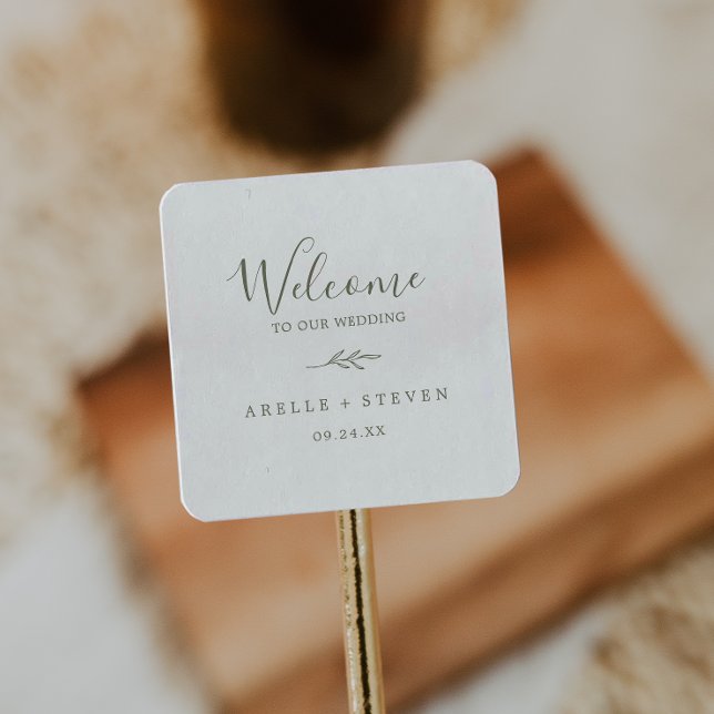 Mindestleaf | Olive Green Wedding Welcome Quadratischer Aufkleber (Von Creator hochgeladen)