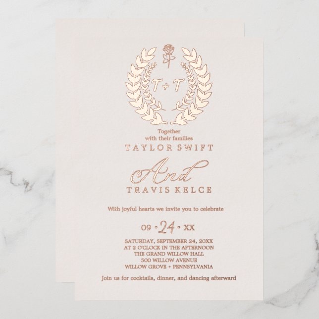 Mindestleaf | Rose Gold Foil Monogram Wedding Folieneinladung (Vorderseite/Rückseite)