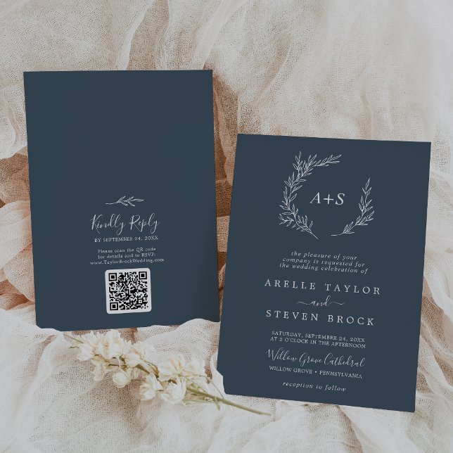 Mindestleaf | Slate Blue Monogram QR Code Wedding Einladung (Von Creator hochgeladen)