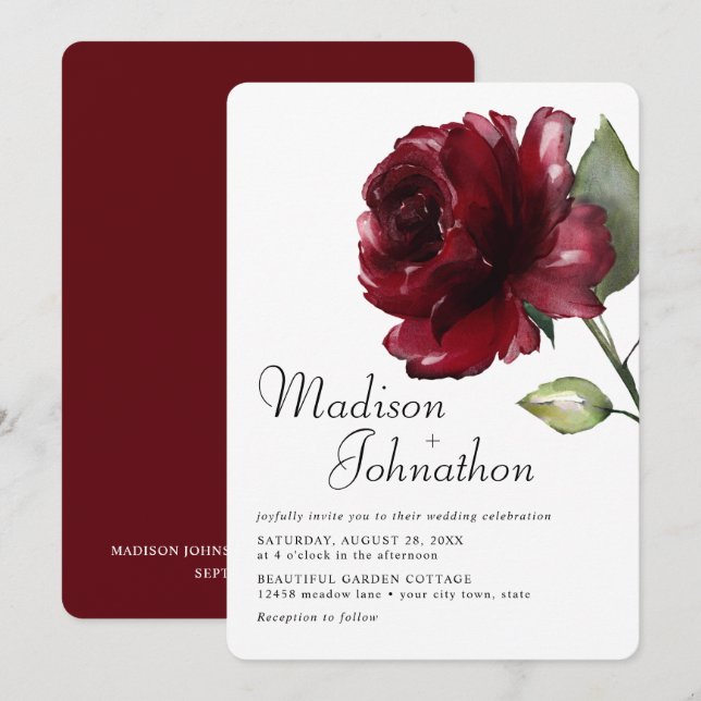 Mindestwasserfarbe Burgund Tiefe Rote Rose Hochzei Einladung (Vorne/Hinten)