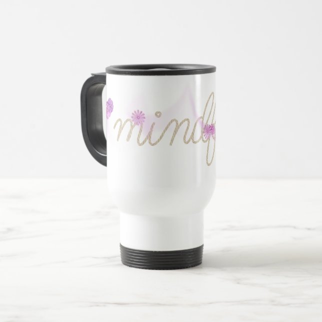 MINDFUL Rope Text With Pink Abstract Flowers Reisebecher (Vorderseite Links)