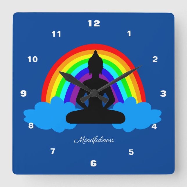 Mindfulness & Rainbow Buddha Meditation / Yoga Quadratische Wanduhr (Vorderseite)
