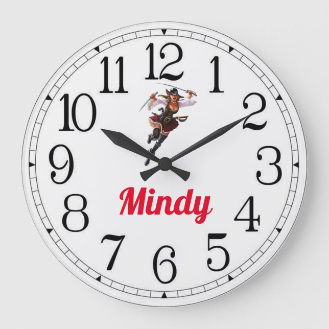 Mindy's Pirate Girl Large Clock Große Wanduhr (Vorderseite)
