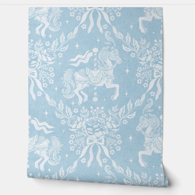 Mineral Blue Rococo Carousel Horses & Florals  Tapete (Abrollen)