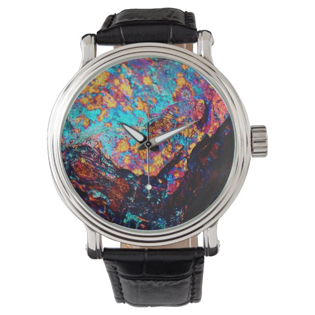 Mineral Chalcopyritel Stein sehen schwarz blau gol Armbanduhr (Vorderseite)