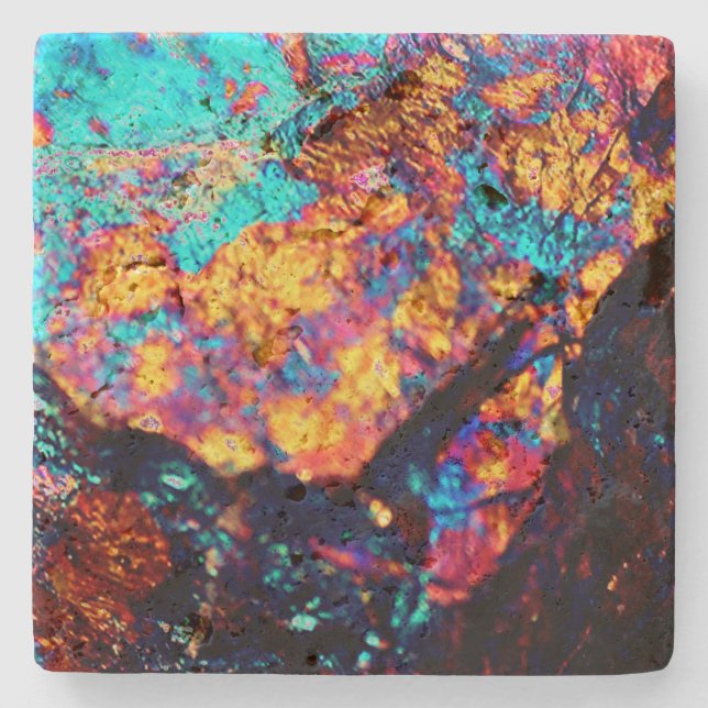 Mineral Chalcopyritkristall schwarz blaues Gold Steinuntersetzer (Vorderseite)