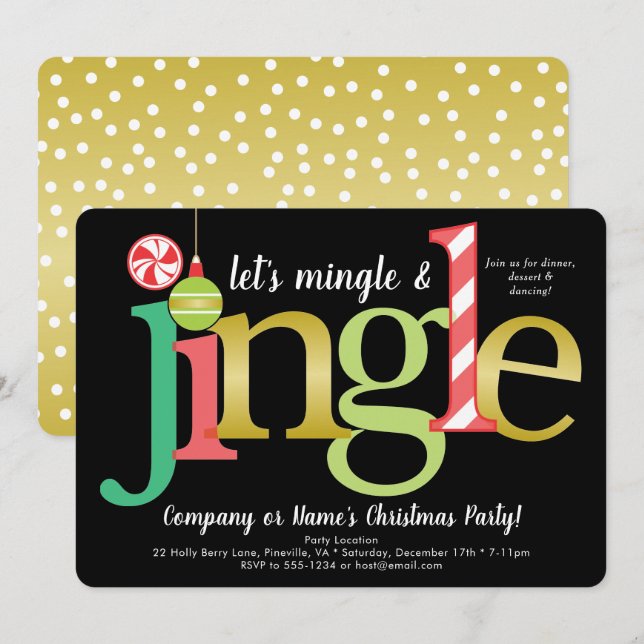 Mingle & Jingle Red Gold Black Christmas Party Einladung (Vorne/Hinten)