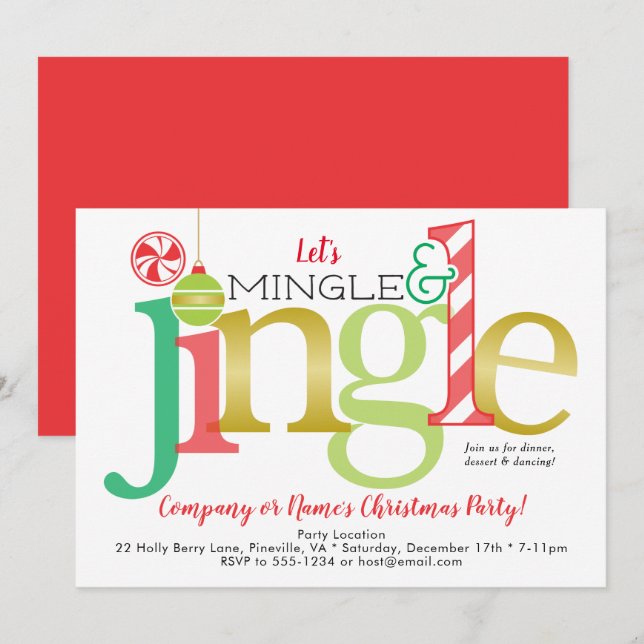Mingle & Jingle Red Gold Holiday Weihnachts-Party Einladung (Vorne/Hinten)