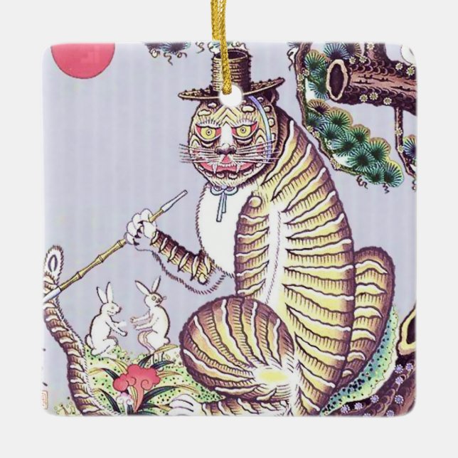 Minhwa Tiger mit Kaninchen und Pipe Keramikornament (Vorderseite)