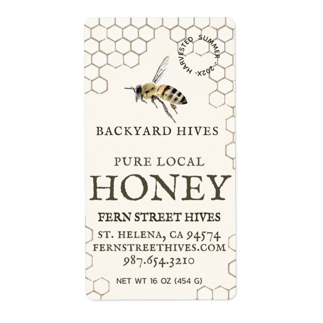 Mini 2"x 3,75" Backyard Honey Label mit Biene (Vorne)