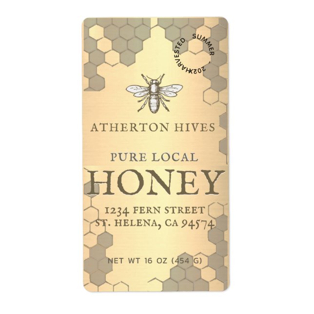 Mini 2"x 3,75" Gold Honey Label mit Heraldic Bee (Vorne)