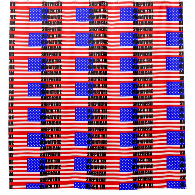 Mini-aussie Namensflagge schwarz tri Duschvorhang (Vorderseite)