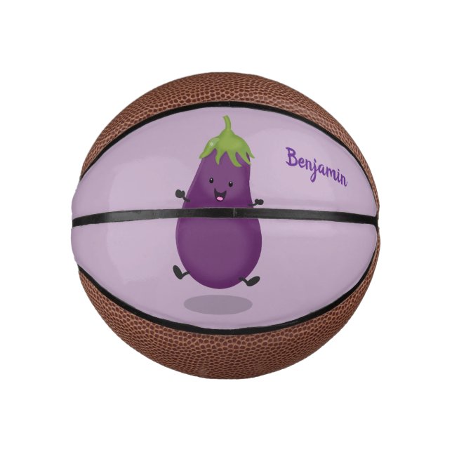 Mini Ballon De Basket Caricature d'aubergine d'aubergine joliment heureu (Devant)