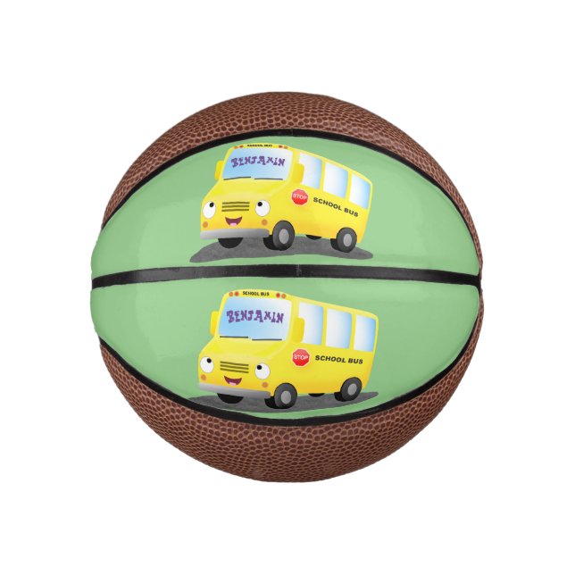 Mini Ballon De Basket Caricature du bus scolaire jaune joyeux (Devant)