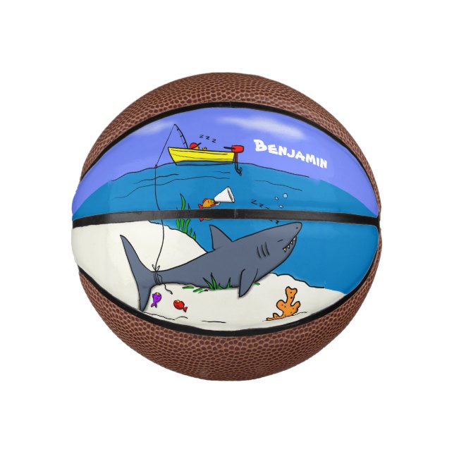 Mini Ballon De Basket Drôle requin couché et dessin animé de pêche (Devant)