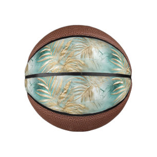 Mini Ballon De Basket Gold Aqua White Feuilles tropicaux