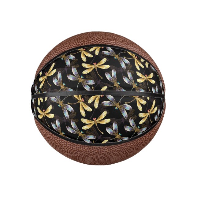 Mini Ballon De Basket Motif sans couture avec libellules d'or (Devant)