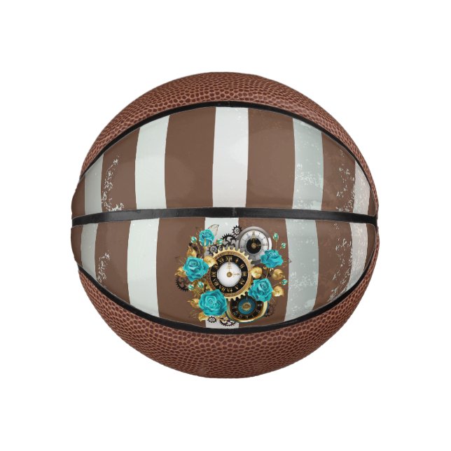 Mini Ballon De Basket Steampunk Clock and Turquoise Roses on Striped (Devant)