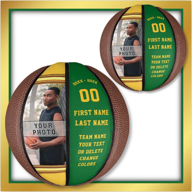 Mini Ballon De Basket Vert et Or, Photo, Mini Basketball Personnalisé, (Senior night gift ideas for basketball. Green and Gold Basketball. Gifts for basketball players.)