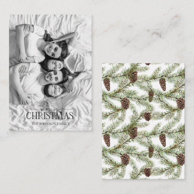 Mini Black & White Foto Pine Cone Frohe Weihnachte Mitteilungskarte (Vorne/Hinten)