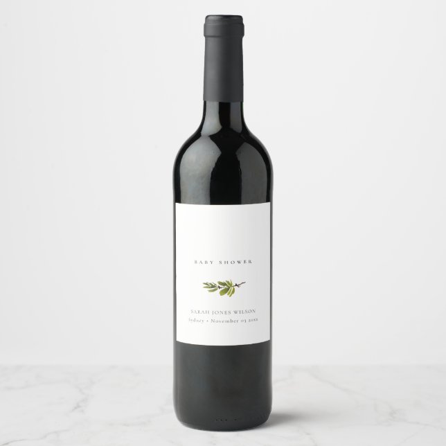 Mini Black & White Pine Branch Baby Dusche Weinetikett (Vorderseite)