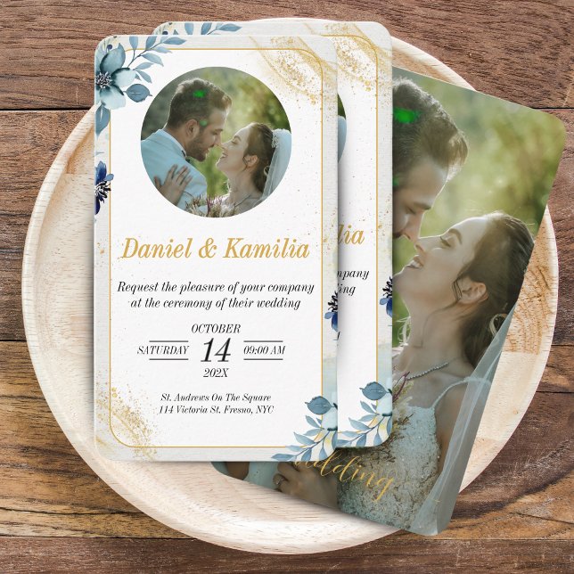 Mini Blue Rustic Floral Wedite mit Foto Visitenkarte (Mini Blue Rustic Floral Wedding Invite - Custom Photo)