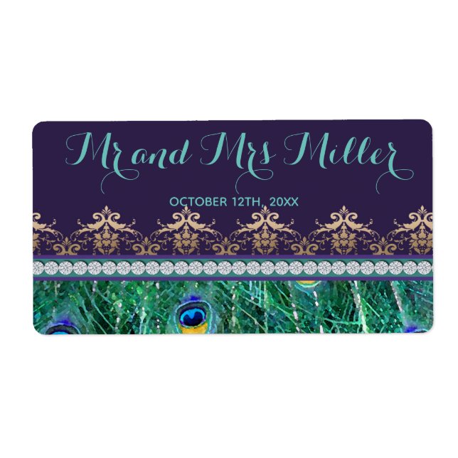 Mini bouteille de vin étiquette paon mariage (Devant)