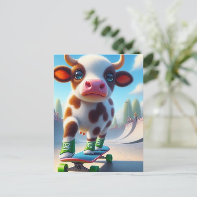 Mini Brown und White Cow Skateboarding Postkarte (Stehend Vorderseite)
