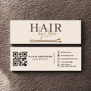 Mini Carte de Visite Moderne Coiffeur Beige Neutre QR C