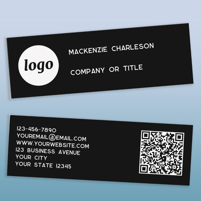Mini Carte de visite noire minimale avec logo simple et (Logo QR code and text custom business card)