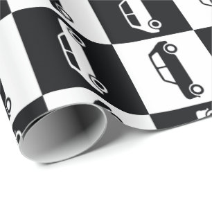 Mini-Cooper mit schwarzer Checkerboard Geschenkpapier