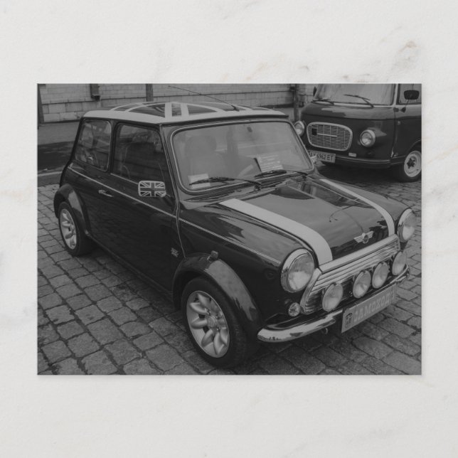 Mini Cooper Vintage Auto in schwarz-weiß Postkarte (Vorderseite)