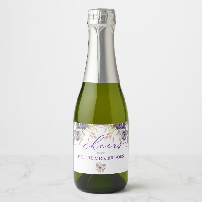 Mini Étiquette de champagne violet Floral (Devant)