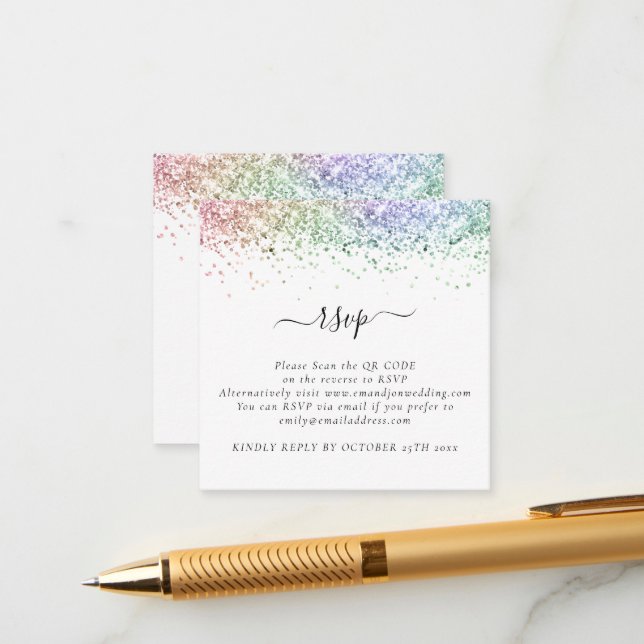 Mini Glam Rainbow Glitzer QR Code Wedding RSVP Begleitkarte (Vorderseite/Rückseite Beispiel)