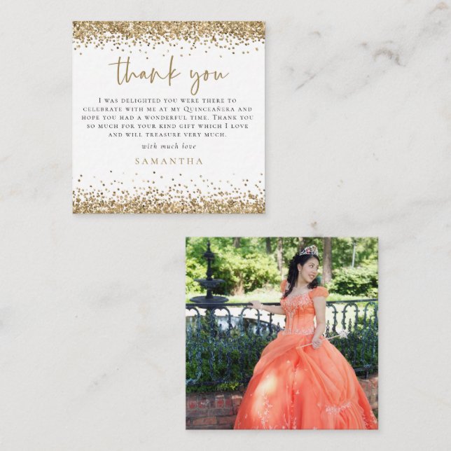 MINI Gold Glitzer Foto Quinceañera Vielen Dank Mitteilungskarte (Vorne/Hinten)