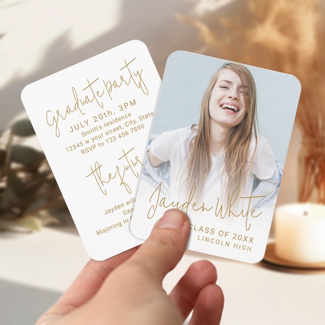 Mini Gold Modernes Script Foto Abschluss laden Begleitkarte (Mini Gold Modern Script Photo Graduation Invite)