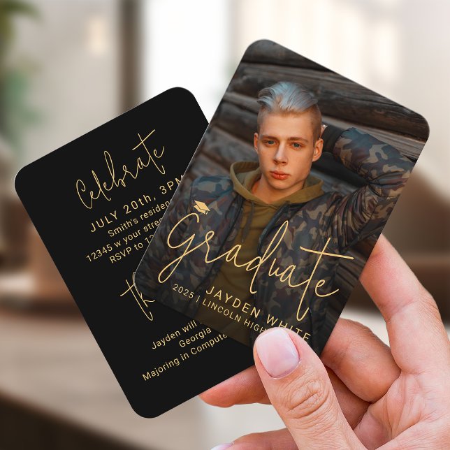 Mini Gold Modernes Script Foto Abschluss laden Begleitkarte (Mini Gold Modern Script Photo Graduation Invite)