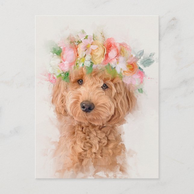 Mini Goldendoodle Dog Blume Crown Portrait Postkarte (Vorderseite)