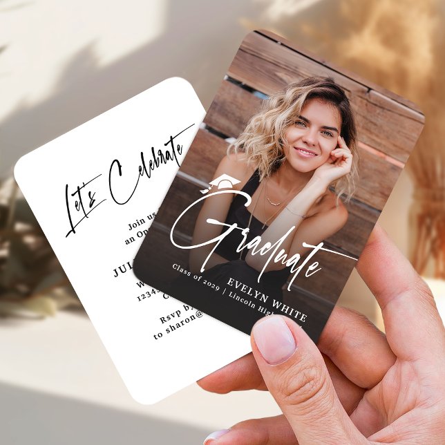 Mini Grad Cap Script Photo Graduation Invite Begleitkarte (Mini Grad Cap Script Photo Graduation Invite)