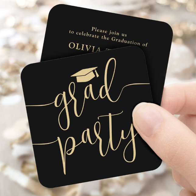 Mini Graduation Party Invitation Black & Gold Card (Créateur téléchargé)