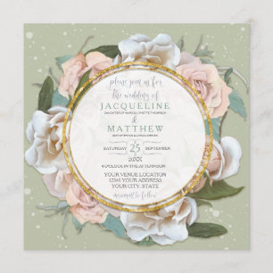 Mini Green Blush Rose Floral Gold Moderner Kranz Einladung