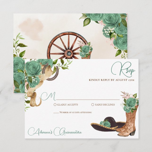 Mini Green Light Sage Charro Western Quinceanera RSVP Karte (Vorne/Hinten)