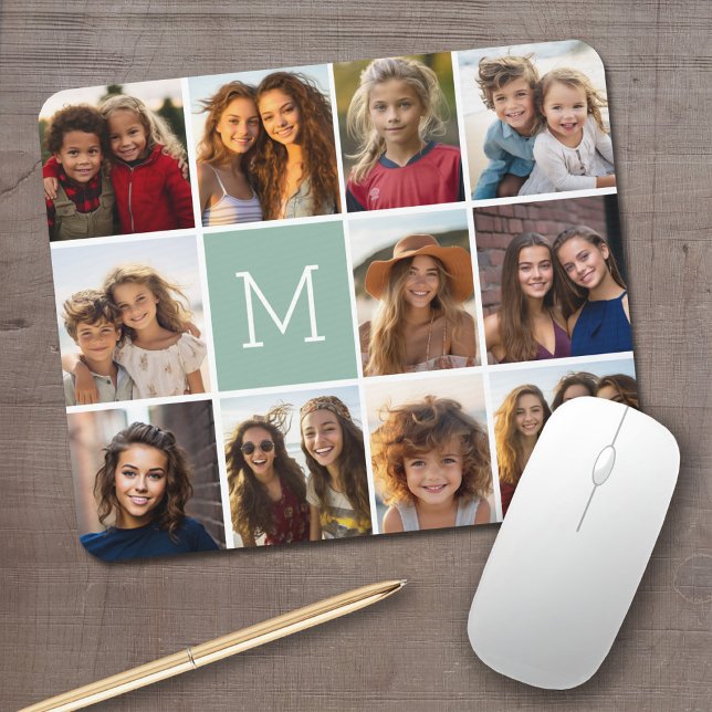 Mini Green Unique Foto Collage Custom Monogram Mousepad (Personalized mouse pad with your photos and text)