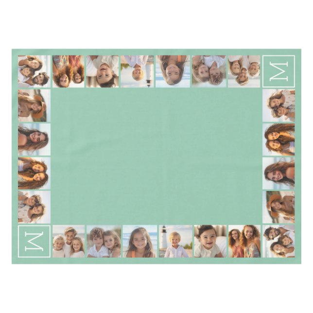 Mini Green Unique Foto Collage Custom Monogram Tischdecke (Vorderseite (Horizontal))