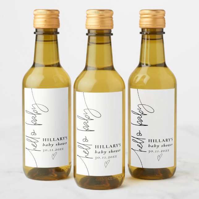 Mini Hello Baby Elegant Calligraphy Baby Shower Weinetikett (Flaschen)