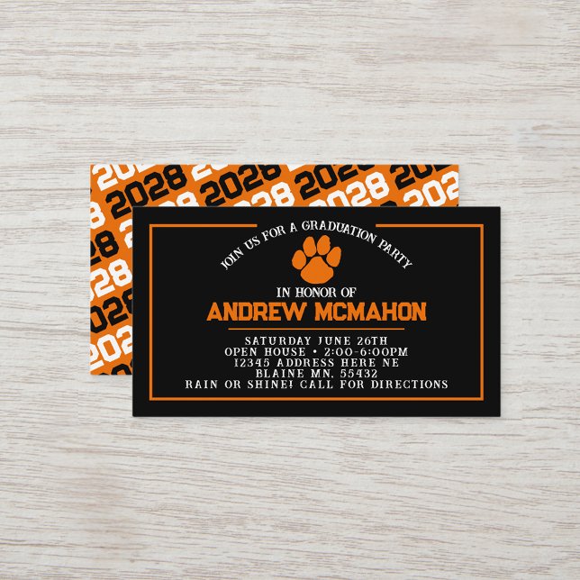 Mini Invitations de la Pawprint noir et orange (Black and Orange Paw Mini Graduation Invites for Friends, Team Mates or as Inserts!)