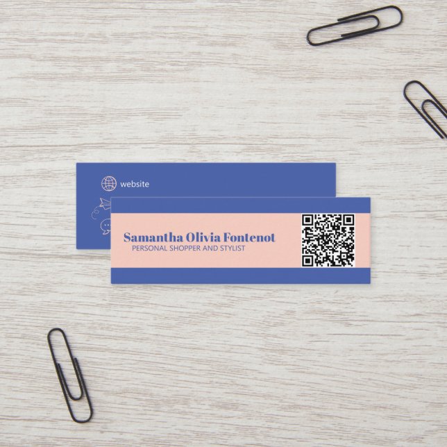 Mini Minimalistisch Blue & Peach QR Business Card Mini Visitenkarte (Vorderseite/Rückseite Beispiel)