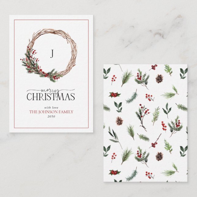 Mini Monogram Red Berry Wreath Frohe Weihnachten Mitteilungskarte (Vorne/Hinten)
