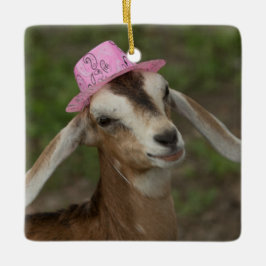 Mini Nubian Dairy Ziege in einem rosa Cowgirl Hut Keramikornament